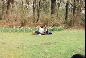 Couple sitting on a picnic blanket in a green park surrounded by daffodils and trees