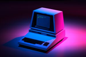 Retro computer monitor glowing with pink and purple neon lighting in a dark room