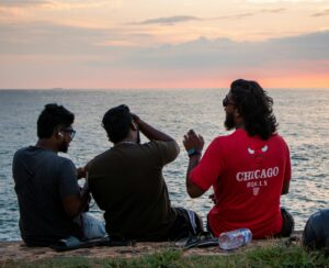 Group of young men sitting together by the ocean at sunset having a conversation