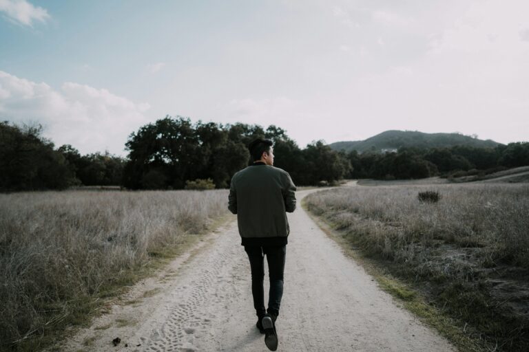 Man walking alone down a dirt path through an open field