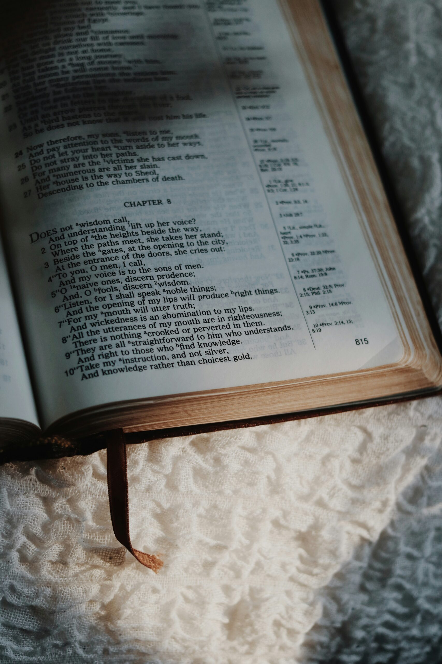Open Bible turned to Proverbs 8 resting on a textured cream cloth in warm light
